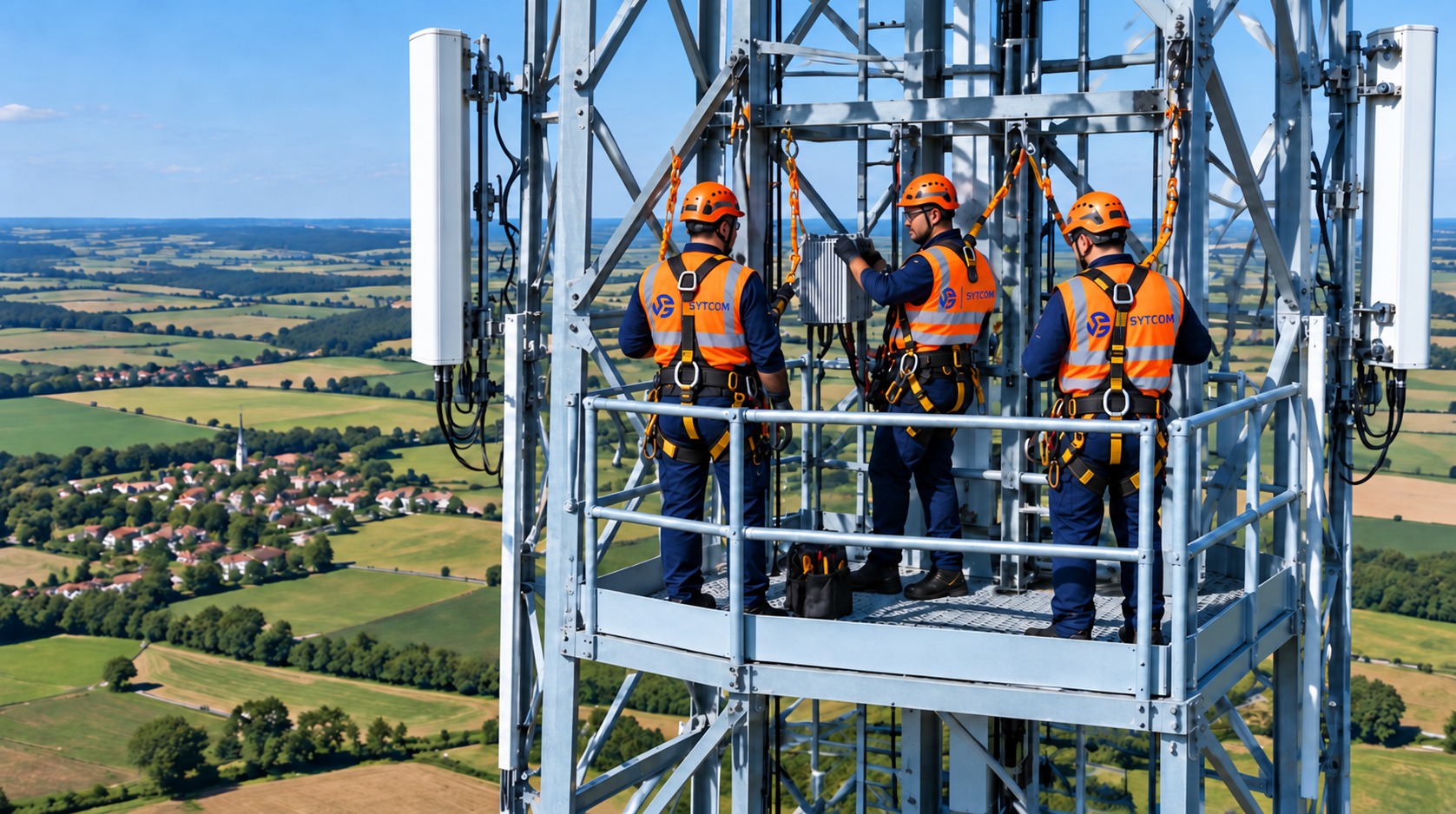 Illustration : techniciens SYTCOM en gilets orange et harnais sur une plateforme de pylône