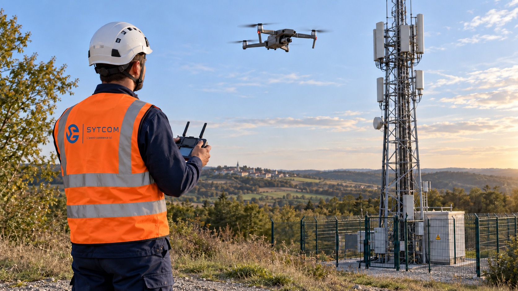 Illustration : technicien SYTCOM en gilet orange pilotant un drone près d’un pylône télécom